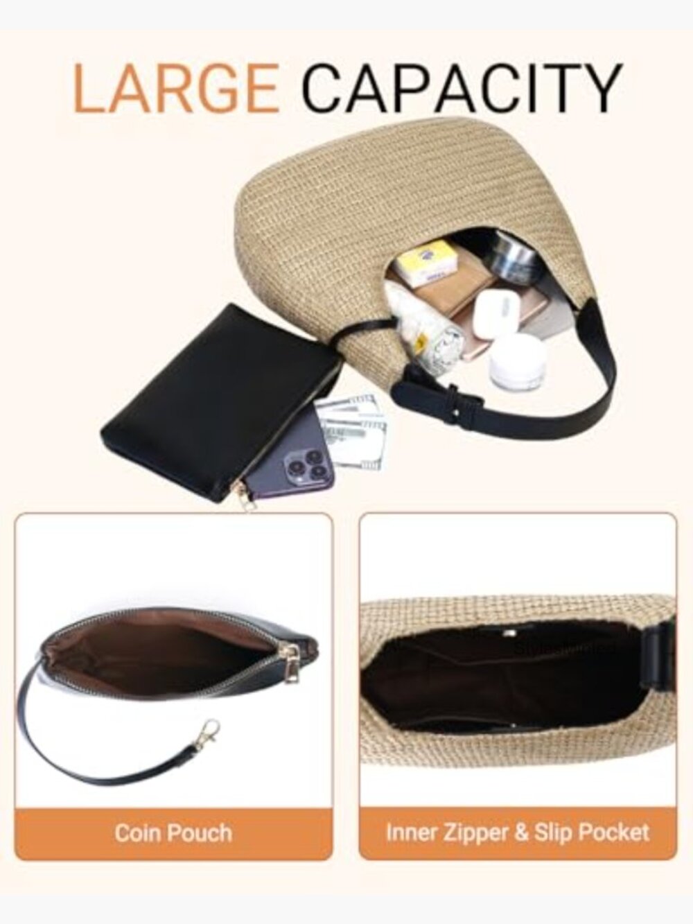 Handwoven Straw Hobo Crescent Bag Satchel with Adjustable Strap Tote Beach - Picture 6 of 7